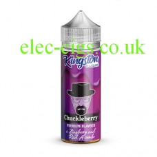 Image is of a bottle containing Kingston 100 ML Zingberry Range 70-30 Chuckleberry E-Liquid and it has a purple label with a face of a man with a beard and hat