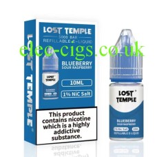 Image shows the box, in blue colour and the bottle containing the Lost Temple 10ML Nicotine Salt Vape E-Liquid Blueberry