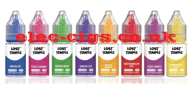 Image shows the actual bottles of just some of the Lost Temple Nicotine Salt E-Liquids