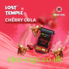 Lost Temple Pod System Cherry Cola in a swirl of red with glasses of cola swirling around it.