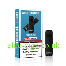 Image shows the box and one of the pods of the Blueberry Pomegranate Four Pod Pack for the Lost Temple Vape Pen 