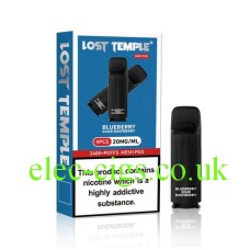 Image shows Blueberry Sour Raspberry Four Pod Pack for the Lost Temple Vape Pen 