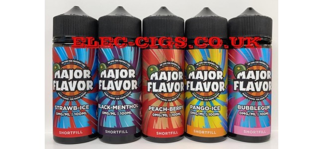 Image shows 5 of the  varieties of Major Flavor 100 ML E-Liquids