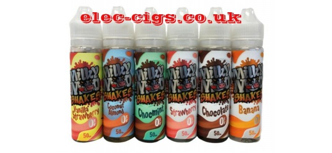 Image shows the full range of flavours available in the Milky Moo Shakes: 50 ML E-Liquids