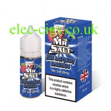 Image shows the box which Blue Raspberry Lemonade 10 ML Nicotine Salt E-Liquid by Mr Salt comes in