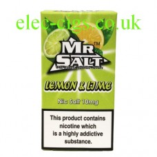 image shows a box of Lemon and Lime 10 ML Nicotine Salt E-Liquid by Mr Salt