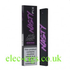 Image shows  box and device of Nasty Fix 300 Puff Disposable E-Cigarette ASAP Grape with 20mg of Nicotine Salt