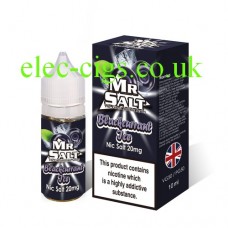 image shows a bottle and a box containing Blackcurrant Ice 10 ML Nicotine Salt E-Liquid by Mr Salt