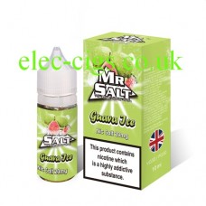 image shows a bottle and box containing Guava Ice 10 ML Nicotine Salt E-Liquid by Mr Salt