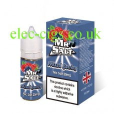 image shows a bottle and box containing Mixed Berries 10 ML Nicotine Salt E-Liquid by Mr Salt