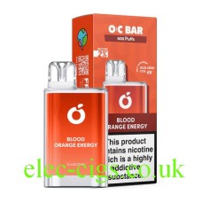This shows the packaging of the OC Bar Disposable Vape Blood Orange Energy 