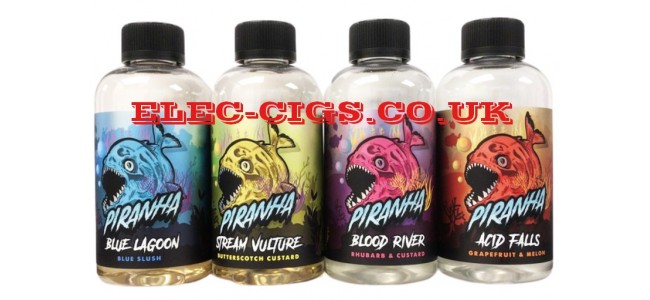 image shows 4 of the 5 flavours in the range of Piranha 200 ML E-Liquids