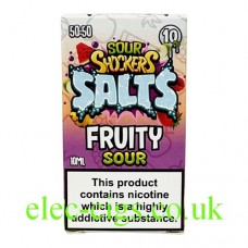 Image shows a box containing Sour Shockers 10ML Nicotine Salt E-Liquid: Fruity Sour