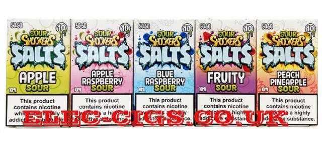 Image shows five of the seven flavours in the Sour Shocker 10ML Salts range of e-liquids