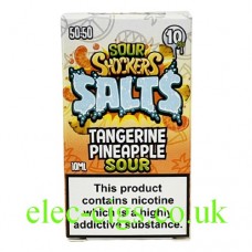 Image of a box with Sour Shockers 10ML Nicotine Salt E-Liquid: Tangerine Pineapple inside it.