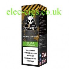 image shows a bottle containing Area 51 Nicotine Salt E-Liquid 10 ML Golden Virginia