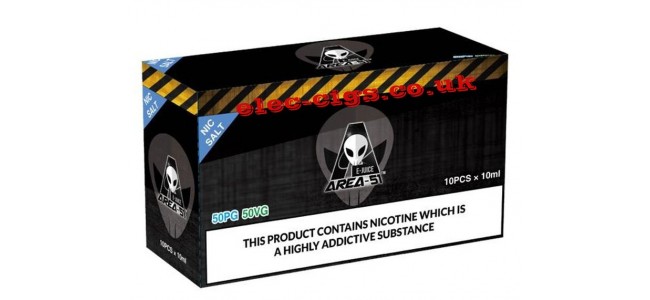 Image shows a box of 10 Nicotine Salts Eilquids from Area 51