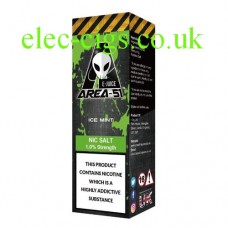 image shows a bottle containing Area 51 Nicotine Salt E-Liquid 10 ML Ice Mint