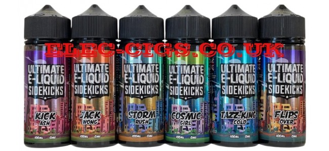 Image shows all the the flavours in the Ultimate E-Liquids 100 ML Sidekicks Range