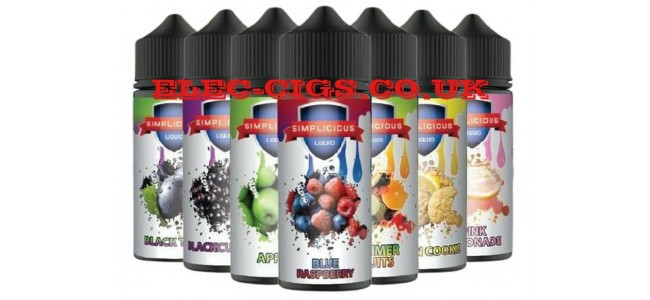 Image shows seven bottles of Simplicious 100 ML E-Liquids 80-20 (VG/PG) all in V shaped formation.