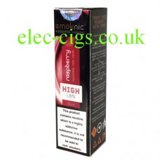 Black box with dark red illustration on front depicting Raspberry E-Liquid by Smoknic