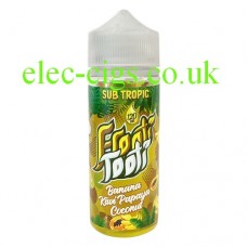 Image shows a bottle of Sub Tropic Frooti Tooti Banana Kiwi Papaya Coconut 100 ML E-Liquid