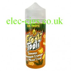 Image is of a bottle of Sub Tropic Frooti Tooti Banana Pineapple Orange and Mixed Fruit 100 ML E-Liquid