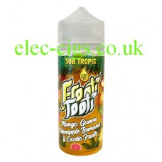 Image shows a bottle of Sub Tropic Frooti Tooti Mango Guava Pineapple Banana and Exotic Fruits 100 ML E-Liquid