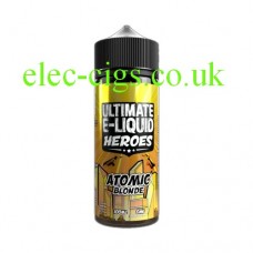 image shows a bottle of Atomic Blonde 100 ML E-Liquid from the 'Heroes' Range by Ultimate Puff