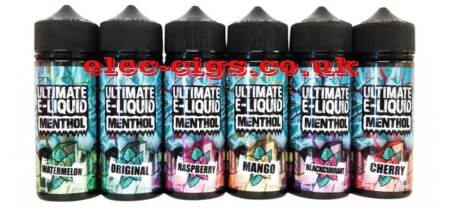 Image shows all six flavours in the Ultimate E-Liquids 100 ML Menthol Range