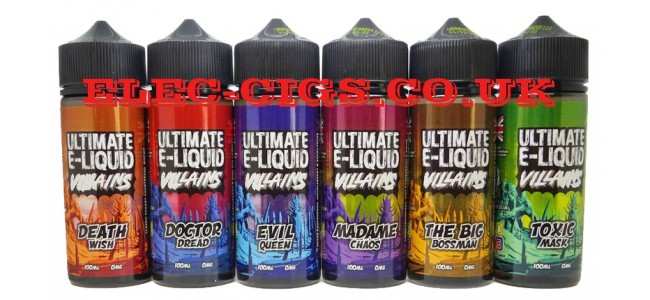Images shows all six flavours in the Ultimate E-Liquids 100 ML Villains Range