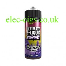 image shows a large bottle of Madame Chaos 100 ML E-Liquid from the 'Villains' Range by Ultimate E-Liquids