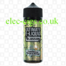 Image shows  a bottle of Elderflower Apple and Mango 100 ML Blossom Range by Ultimate E-Liquid
