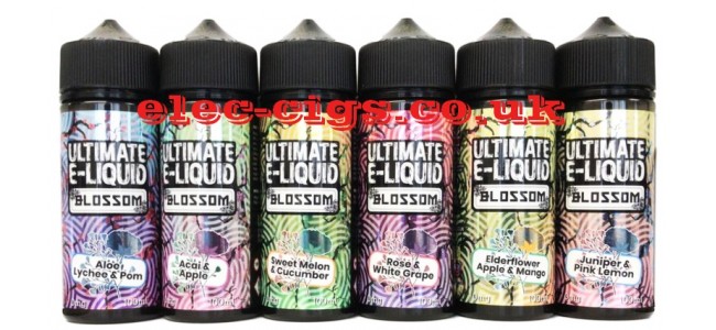 Image show bottles containing all six flavours in the Ultimate E-Liquids 100 ML Blossom Range