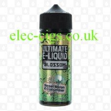 Image shows a bottle of Sweet Melon and Cucumber 100 ML Blossom Range by Ultimate E-Liquid on a plain white background
