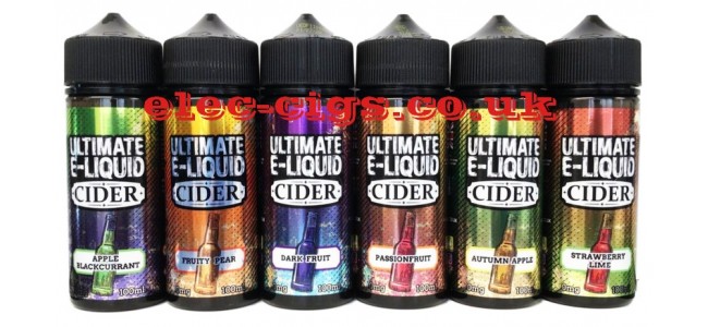 Image shows all of the flavours in the  Ultimate E-Liquids 100 ML Cider Range