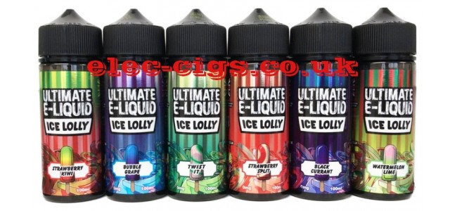 Images shows all six flavours in the Ultimate E-Liquids 100 ML Ice Lolly Range