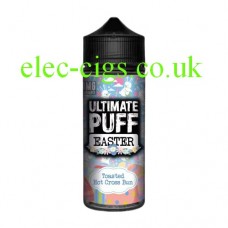 Image shows a bottle of Toasted Hot Cross Bun 100 ML E-Liquid from the Easter Range by Ultimate Puff on a white background