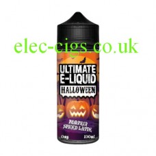 Image is of a bottle of Pumpkin Spiced Latte 100 ML E-Liquid from the Halloween Range by Ultimate Puff on a white background