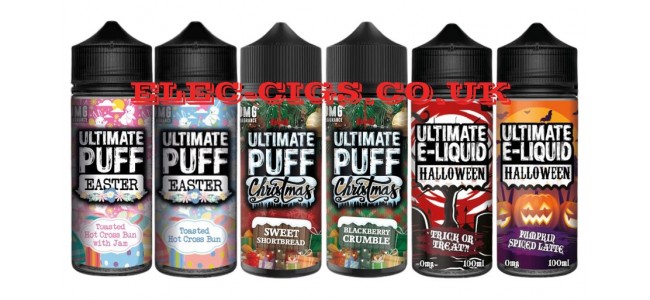 Image shows all four of the Ultimate Puff Christmas  Easter and Halloween 100 ML E-Liquids
