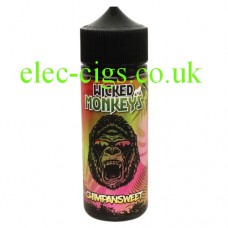 Image shows a bottle with a monkey face on the label containing Chimpansweet 100 ML E-Liquid by Wicked Monkeys