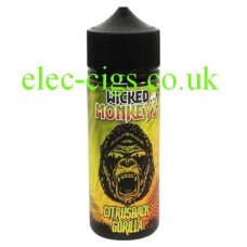 image shows a bottle with a monkey face on the label containing Citrusback Gorilla 100 ML E-Liquid by Wicked Monkeys