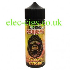 image shows a bottle with a face of a monkey on the label containing Golden Langur 100 ML E-Liquid by Wicked Monkeys