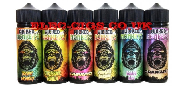 Image show six of the range of Wicked Monkeys 100 ML E-Liquids