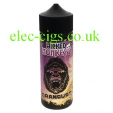 image is of a bottle with a monkeys face on the label containing Orangurt 100 ML E-Liquid by Wicked Monkeys