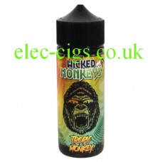 image is of a bottle with a monkey face on the label containing Tropic Monkey 100 ML E-Liquid by Wicked Monkeys