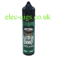 Image show a bottle, with a green label, containing Apple Slush 50 ML E-Liquid by Witch Blood