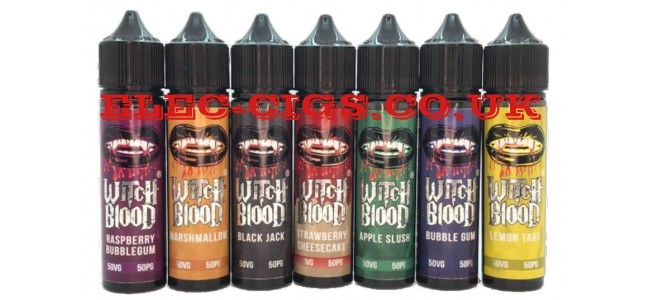 Image shows several bottles of the various flavours available in the Witch Blood 50 ML Premium E-Liquids Range