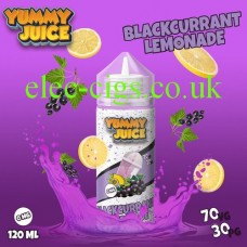 image shows a large bottle of  Yummy Juice Blackcurrant Lemonade 100 ML E-Liquid 