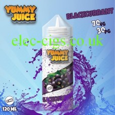 Image shows a bottle of Yummy Juice Blackcurrant 100 ML E-Liquid 